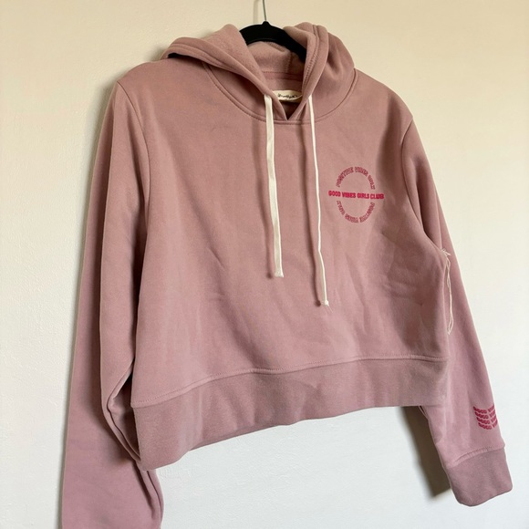 Brooklyn Cloth Pink Good Vibes Girls Club Crop Hoodie Sweatshirt Size Large - Picture 2 of 11